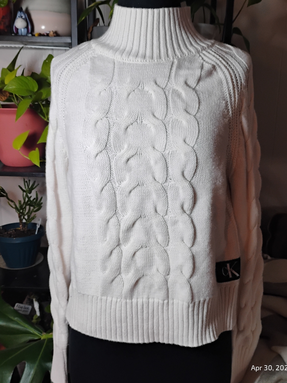 Calvin Klein Cream Cable-Knit Turtleneck Sweater